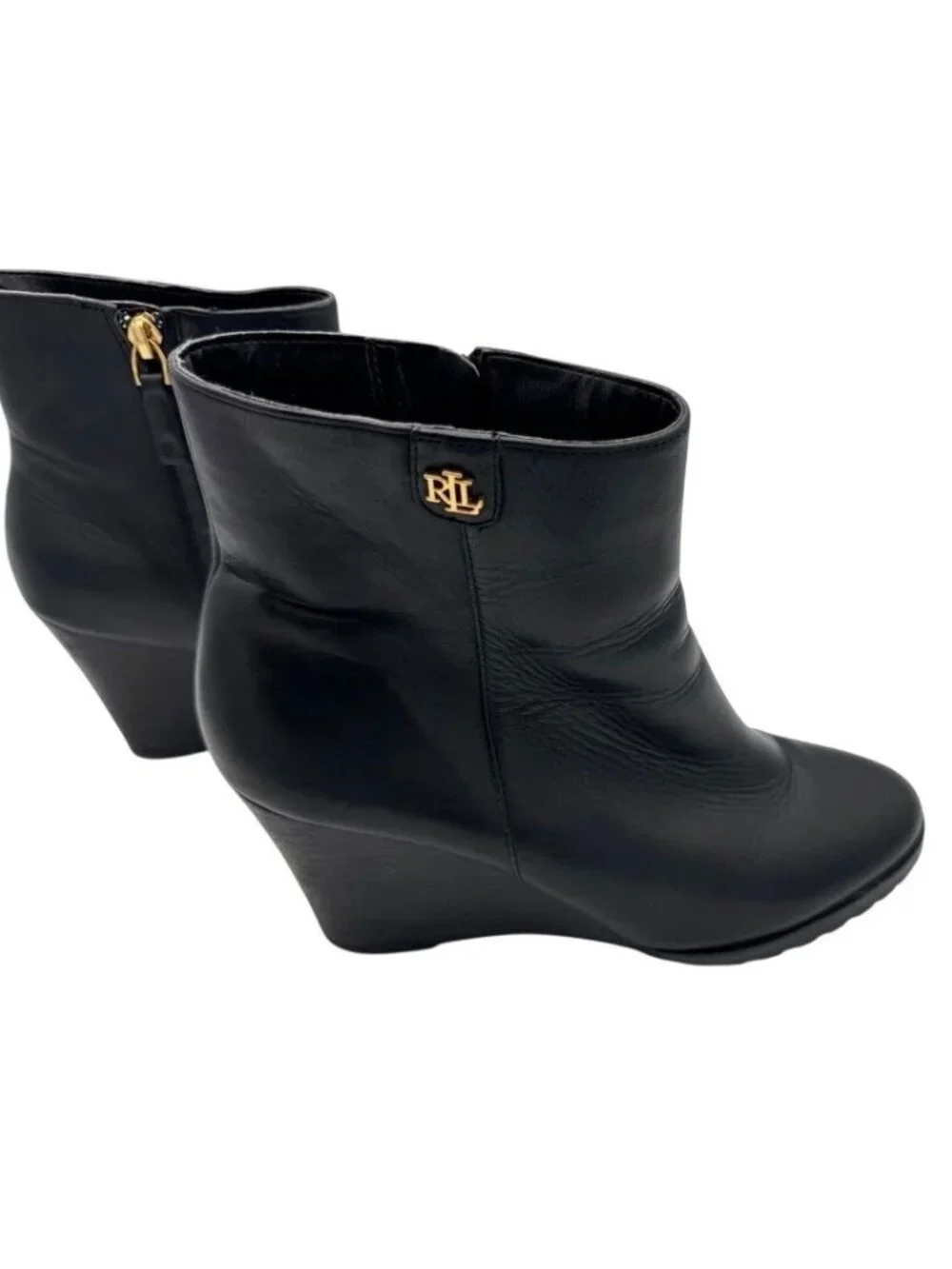 Lauren Ralph Lauren Shaley Black Leather Wedge Ankle Boots Gold Logo Women's 8